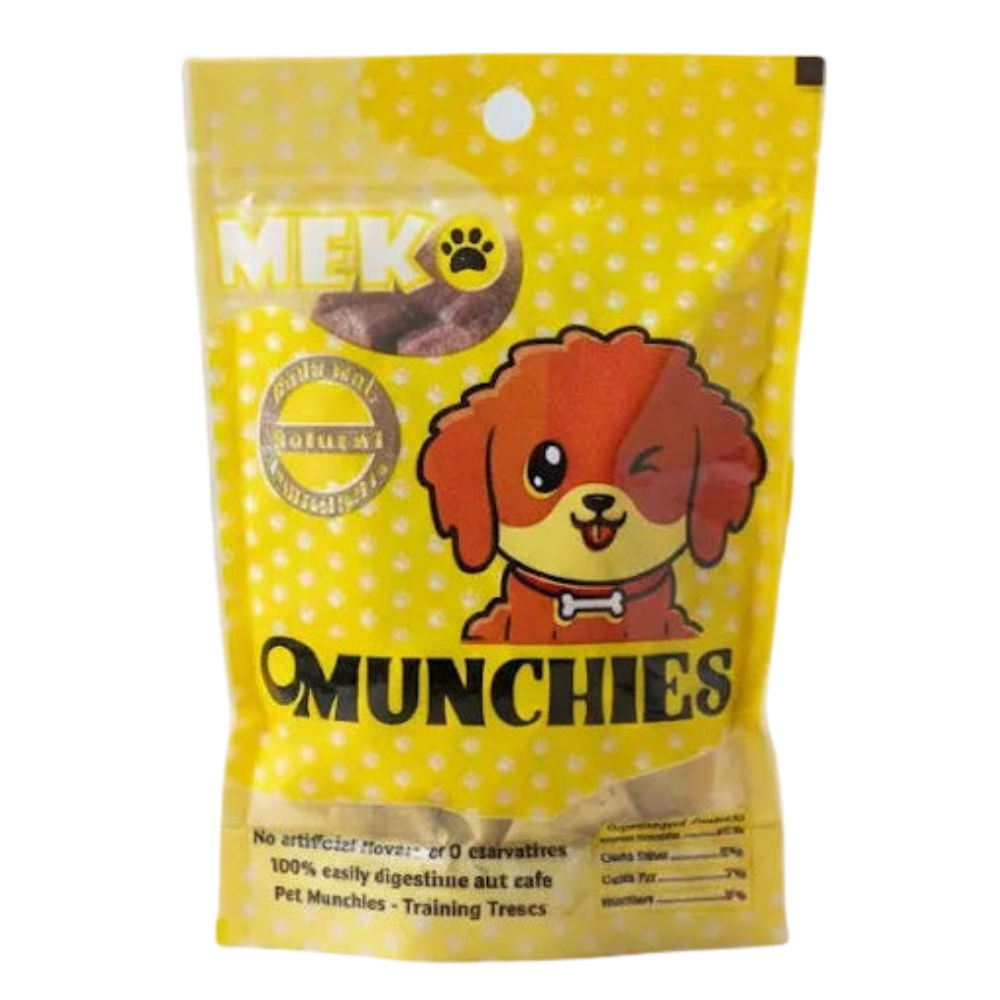 Yellow package of Munchies dog treats on a white background