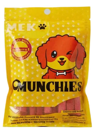 Yellow bag of Munchies dog treats with a cartoon dog on the label against a white background
