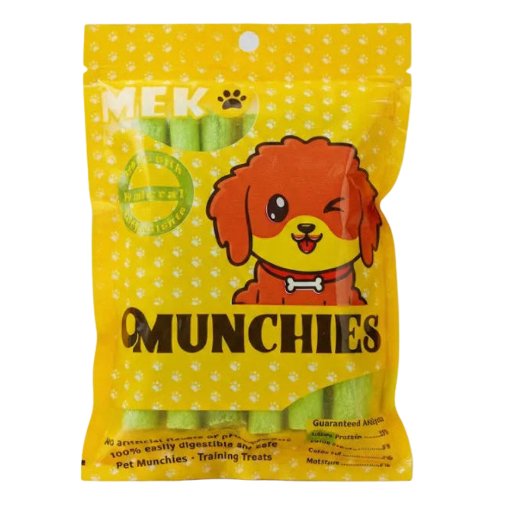 Yellow package of Munchies dog treats with a cartoon dog on the label.
