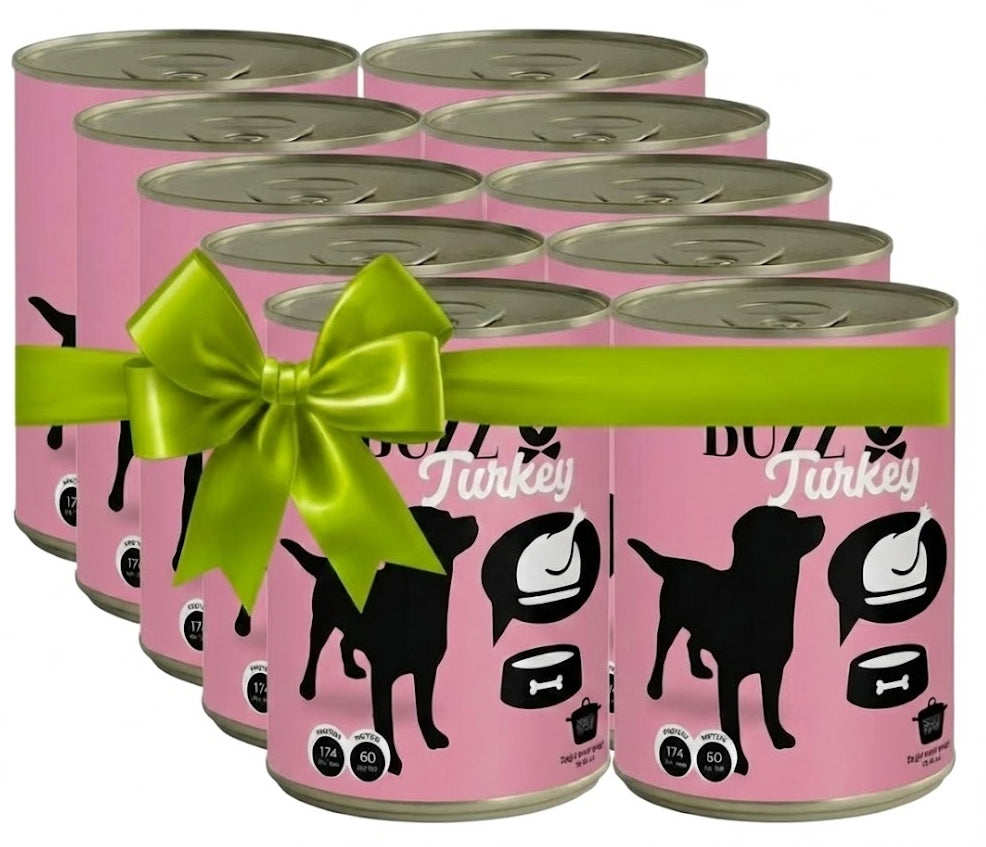 Multiple cans of 'Buzz Turkey' dog food with a green ribbon on a white background