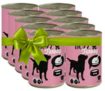 Multiple cans of 'Buzz Turkey' dog food with a green ribbon on a white background