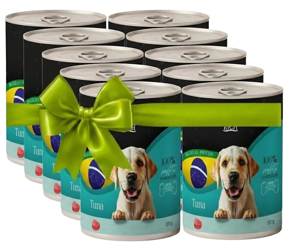Dog food cans with a green ribbon on a white background