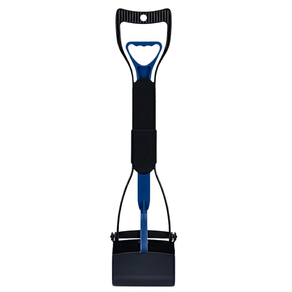 Blue snow shovel with black handle and bucket on a white background