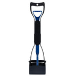 Blue snow shovel with black handle and bucket on a white background