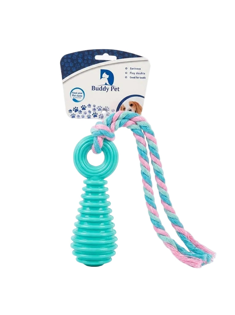 Teal dog toy with pink rope on a white background, branded as Buddy Pet.