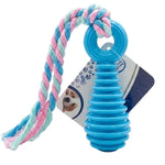 Blue dog toy with pink and blue rope on a white background