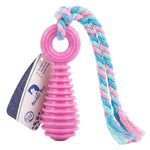 Pink and blue rope toy with a label on a white background