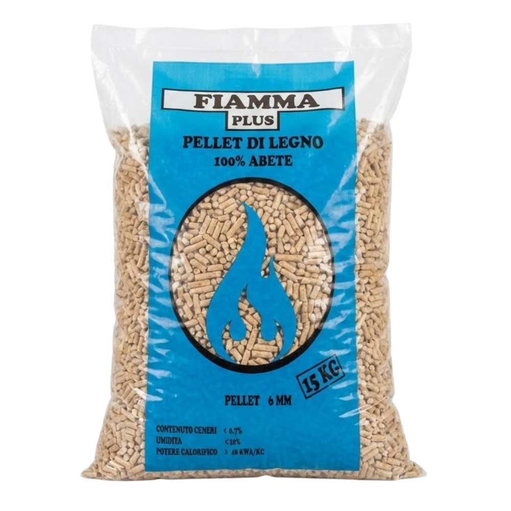 Bag of Fiamma wood pellets with blue label on a white background
