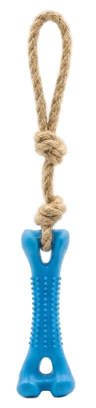Blue bone-shaped dog toy with a rope on a white background