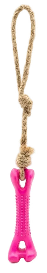 Pink bone-shaped toy with a rope on a white background