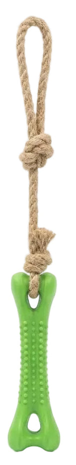 Green bone-shaped dog toy with a rope on a white background