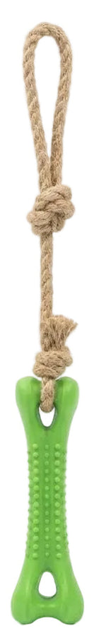 Green bone-shaped dog toy with a rope on a white background