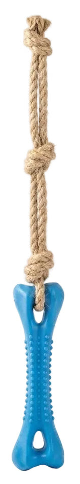 Blue bone-shaped chew toy with a natural rope on a white background