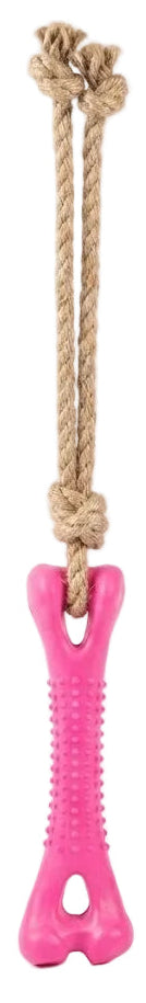 Pink bone-shaped toy with a rope on a white background