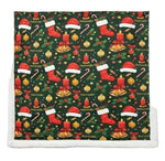 Christmas-themed patterned fabric with stockings, candles, and candy canes on a green background.
