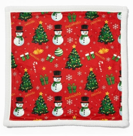 Two Christmas-themed pot holders with red and green patterns on a white background.
