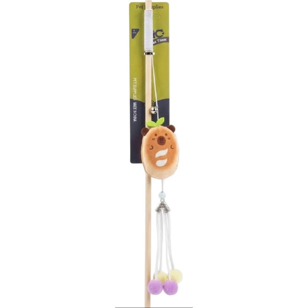 Cat toy with a bear-shaped end on a stick, attached to a green packaging label.