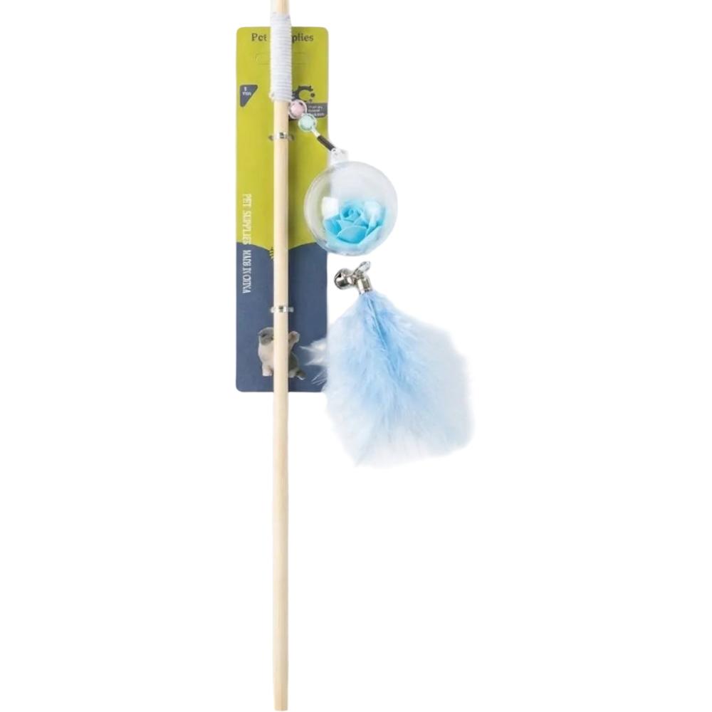 Cat toy with feather and ball on a stick against a white background