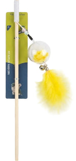 Cat toy with a yellow feather and bell on a white background