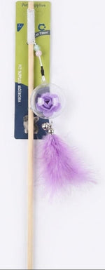 Purple feathered cat toy with a brand label on a white background