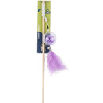 Purple feathered cat toy with a brand label on a white background