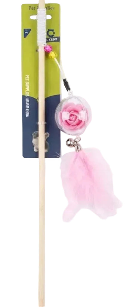 Cat toy with pink feather and rose on a white background