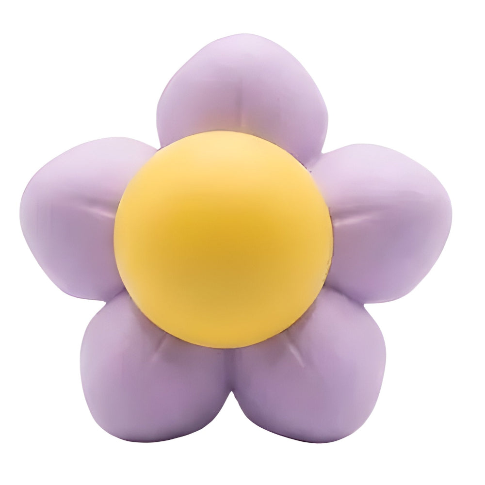 Flower-shaped object with a yellow center and purple petals on a white background
