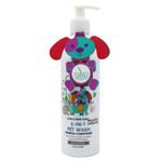 Pet wash bottle with colorful dog design on a white background
