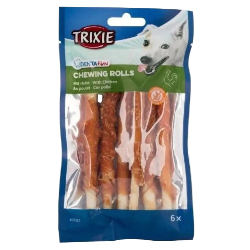 Pack of Trixie Denta Fun Chewing Rolls with chicken flavor on a blue background