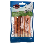 Pack of Trixie Denta Fun Chewing Rolls with chicken flavor on a blue background