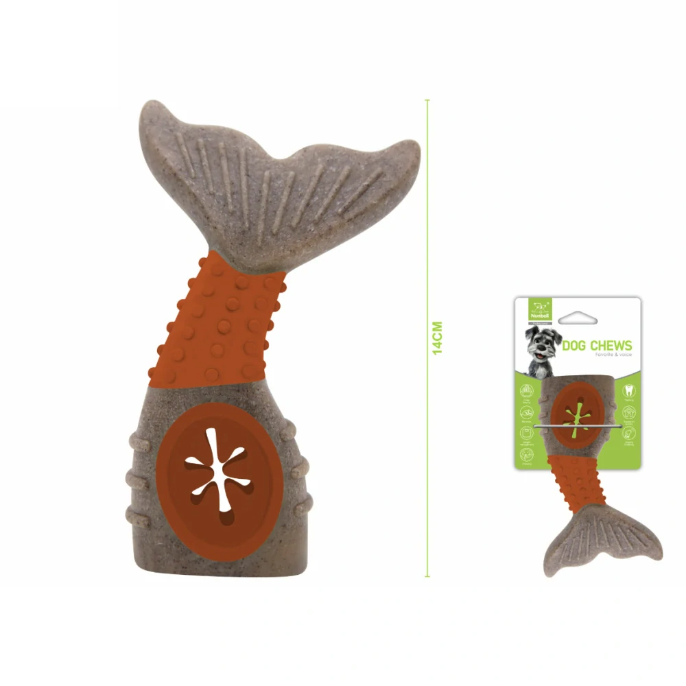 Dog chew toy with mermaid tail design and packaging on a white background