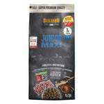 Belifando dog food package for junior maxis with various labels and graphics on a black background