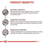 Product benefits of a high-energy formula for growing kittens with text and icons.