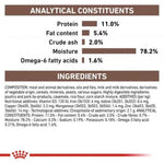 Nutritional label with protein, fat content, and other analytical constituents on a white background.