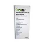 Box of Drontal Plus tasty tablet for dogs on a white background