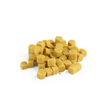 Yellow dog treats on a white background