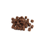 Pile of small brown cubes on a white background