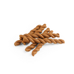Three twisted brown dog treats on a white background