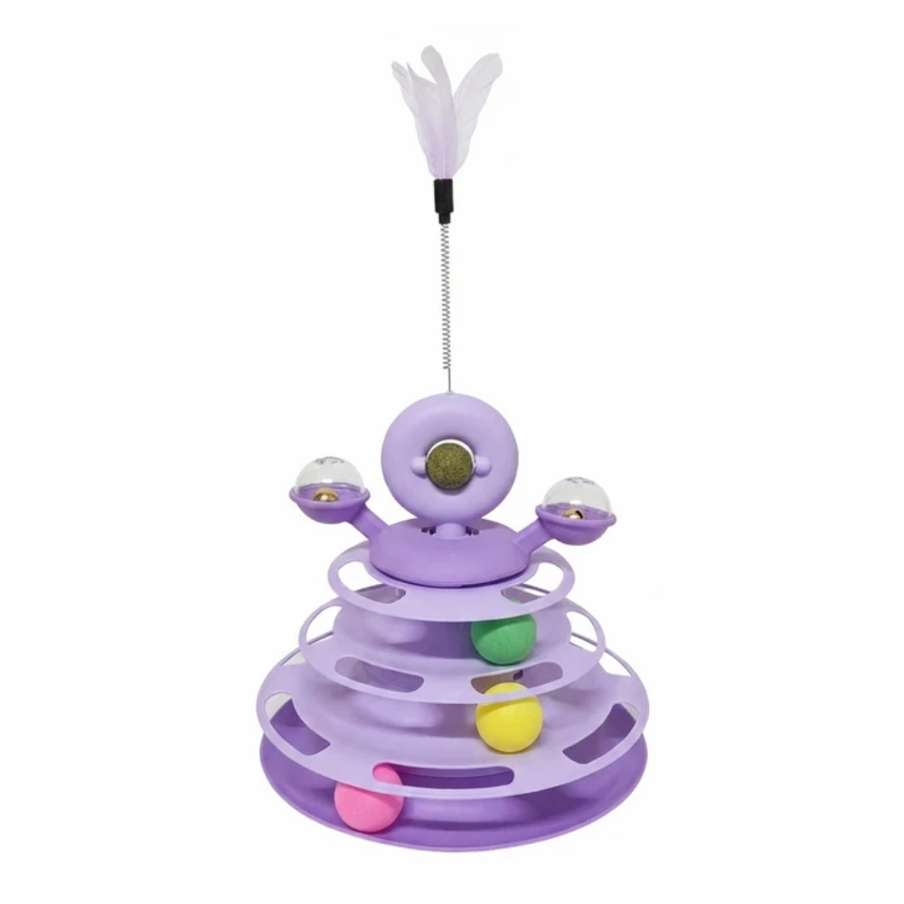 Purple cat toy with colorful beads on a white background