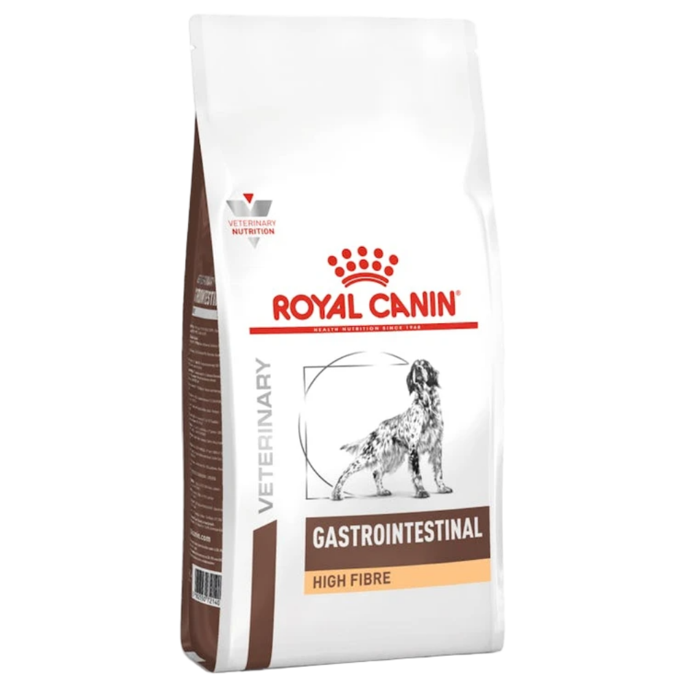 Royal Canin Veterinary Gastrointestinal High Fibre dog food packaging on a white background