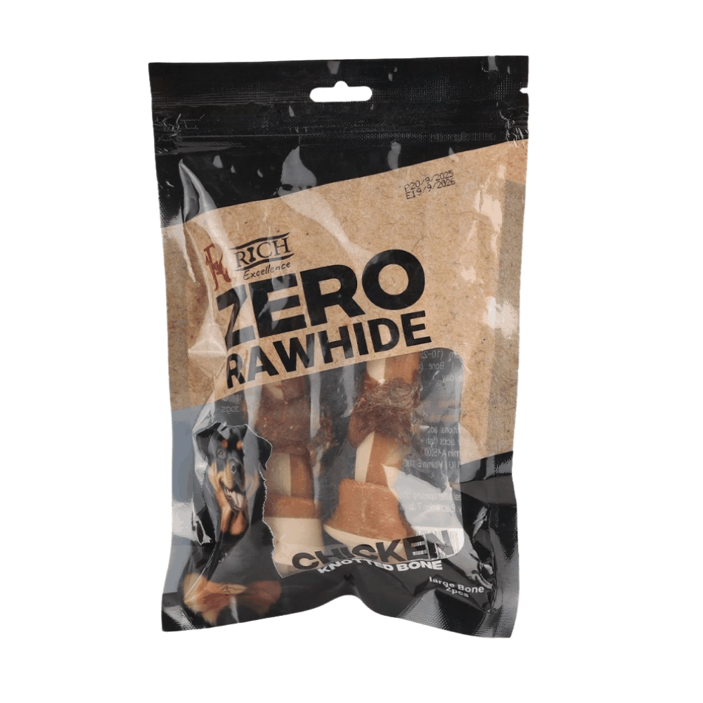 Package of Rich & Reckless Zero Rawhide chicken chew sticks on a white background