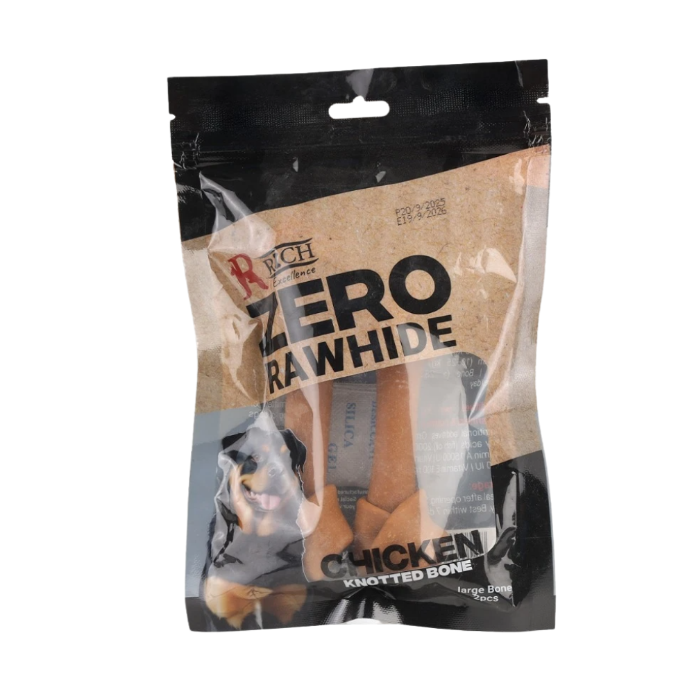 Zero Rawhide chicken knotted bone packaging on a white background