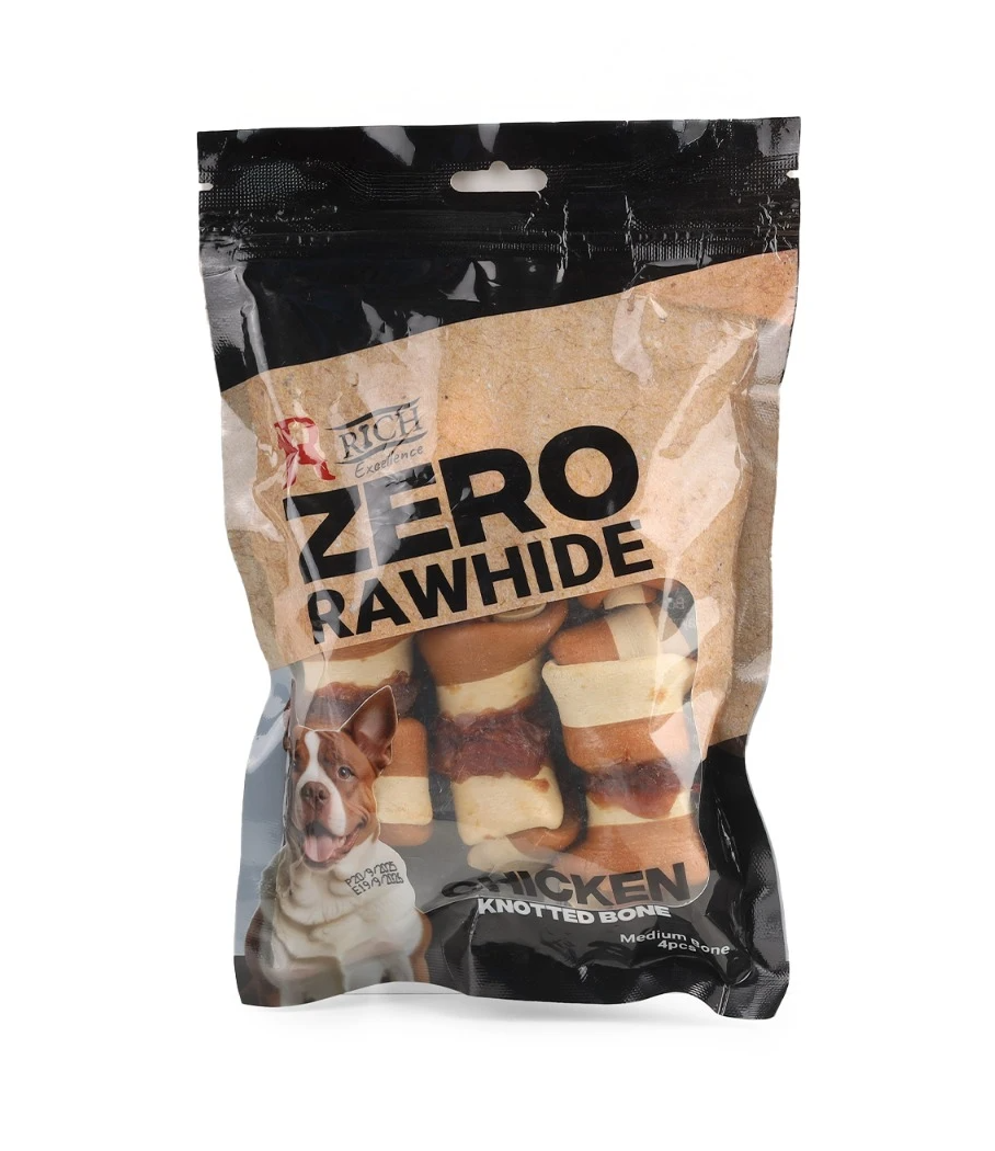 Rich Zero Rawhide Chicken Knotted Bone Medium Bone with Wrapped Chicken 4pes