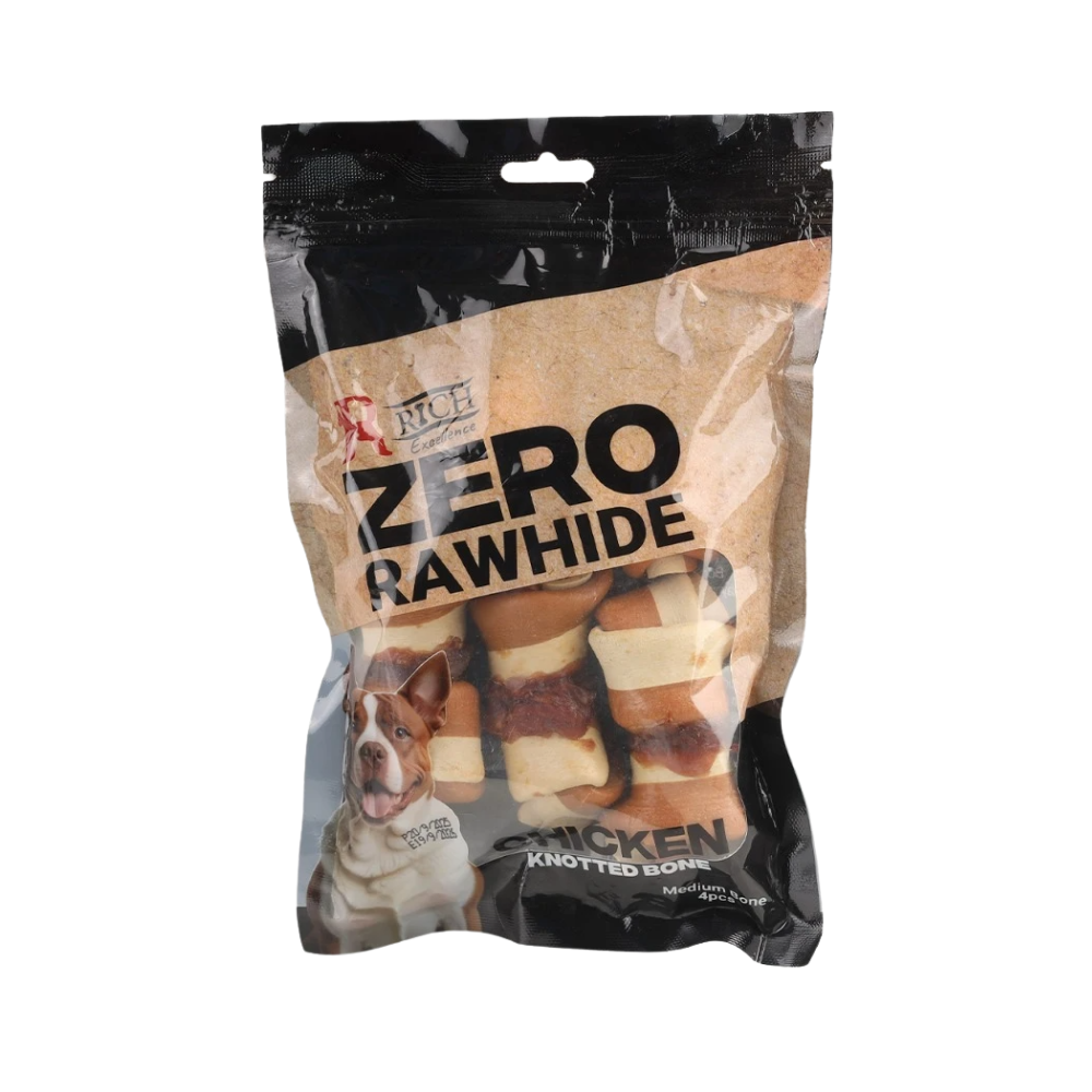 Package of MCH Zero Rawhide Chicken knotted bones for dogs on a white background