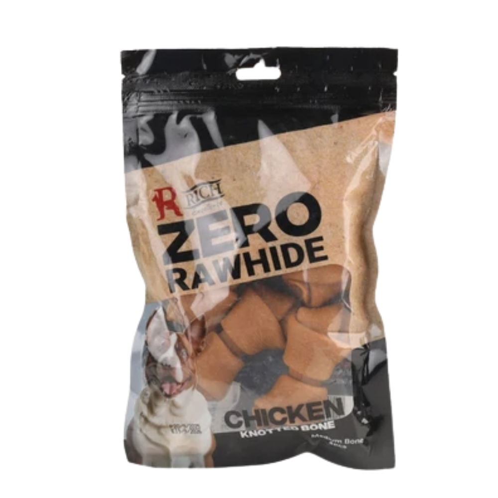 Package of Rich Dog Zero Rawhide Chicken knobby bone dog treat on a white background