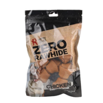 Package of Rich Dog Zero Rawhide Chicken knobby bone dog treat on a white background