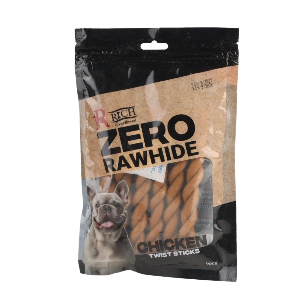 Package of Rich Chicken Twist Sticks for dogs with a dog on the label.