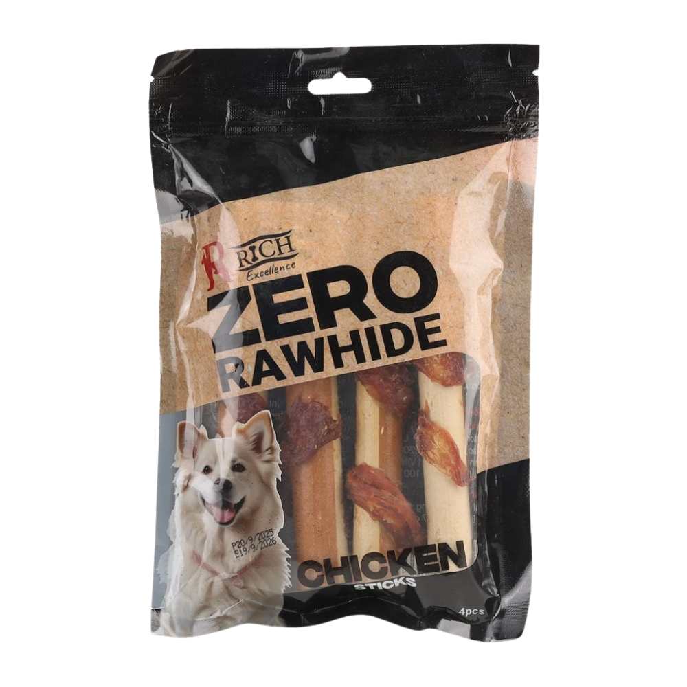 Package of Rich Zero Rawhide Chicken Sticks for dogs on a white background