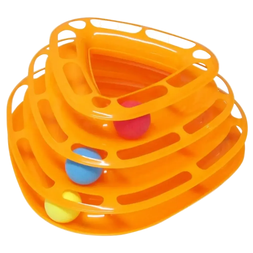 Orange plastic toy with multiple levels and colorful balls on a white background