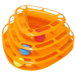 Orange plastic toy with multiple levels and colorful balls on a white background